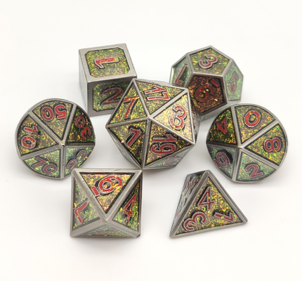 Dadu Polyhedral Logam Ukiran Tangan 7 Sepotong Set Untuk RPG Tabletop