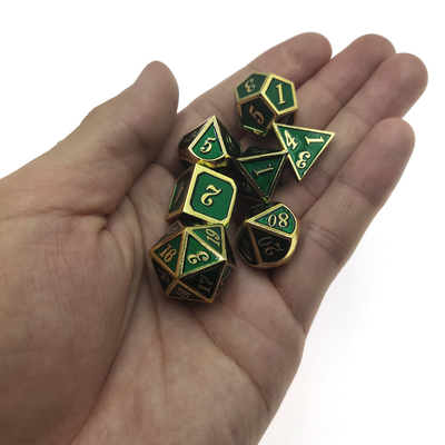 Pakai Set Dadu RPG Tahan Pelapisan Dadu Logam Merah Muda Polyhedral Gilt Green