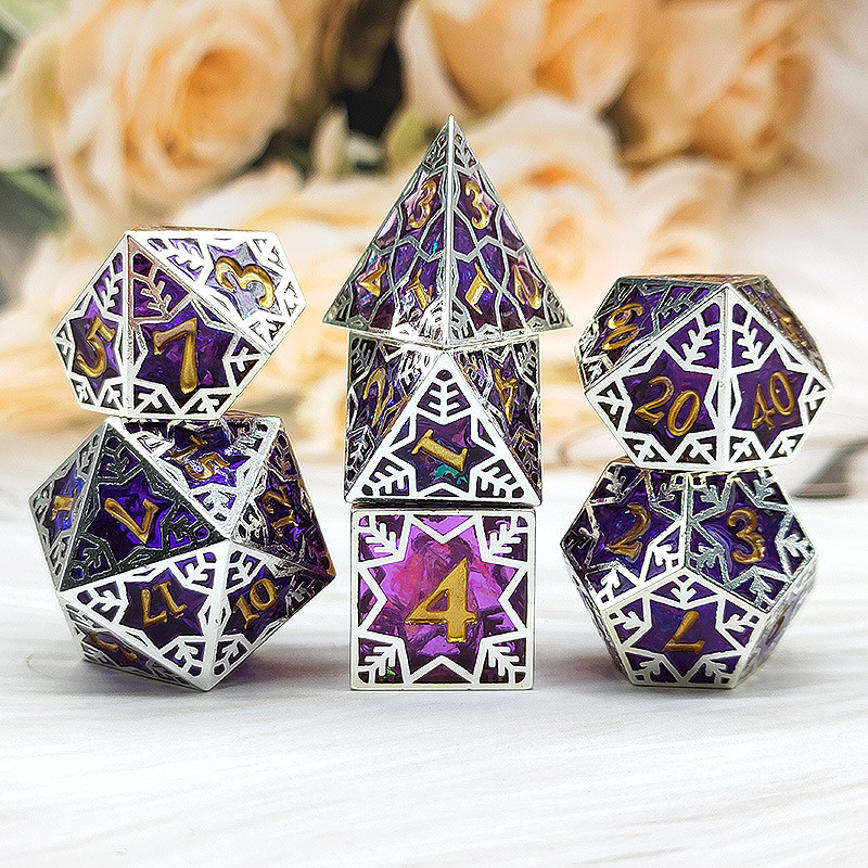 Resin ungu&amp;snowflake rangka logam meja permainan peran khusus multi-sided dadu set